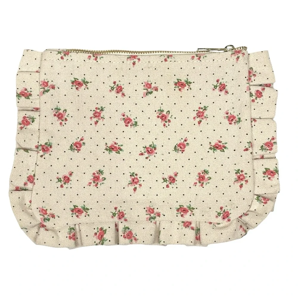 Sezane Pink‎ Floral Ruffle Trim Small Cosmetic Makeup Bag Victorian Cottagecore